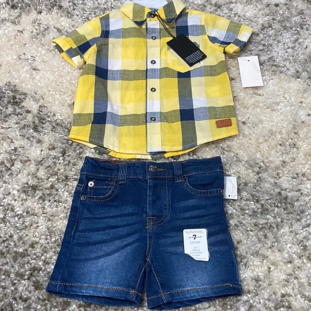 For All Mankind Baby Boy Denim Shorts Button Down Shirt Outfit Set